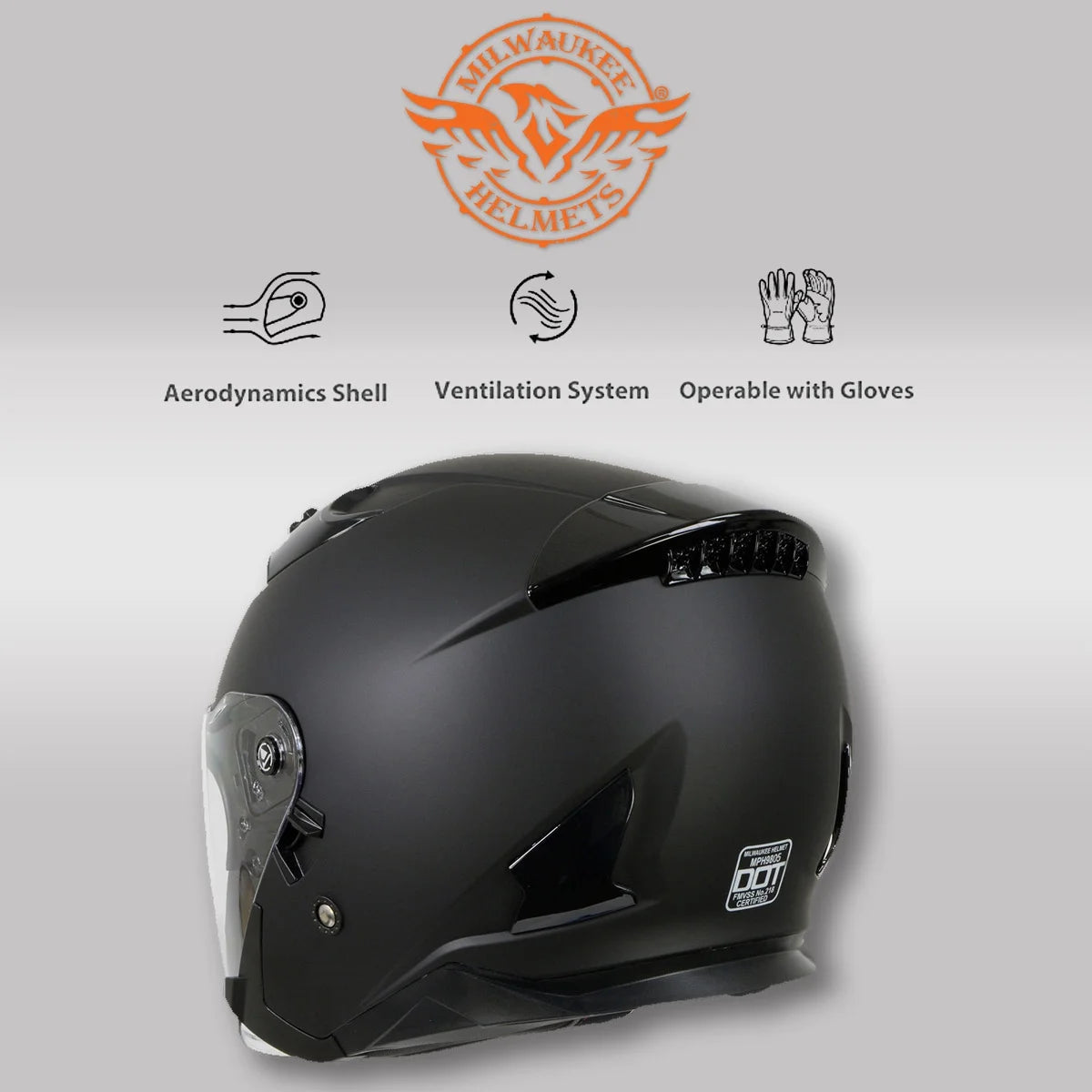 Matte Black Open Face 3/4 Helmet with Drop Down Tinted Visor Y1686