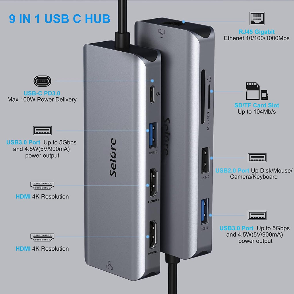 9 in 1 USB C Docking Station Dual Monitor Hub with Ethernet, USB 3.0, SD Card Reader, 100W PD O6883