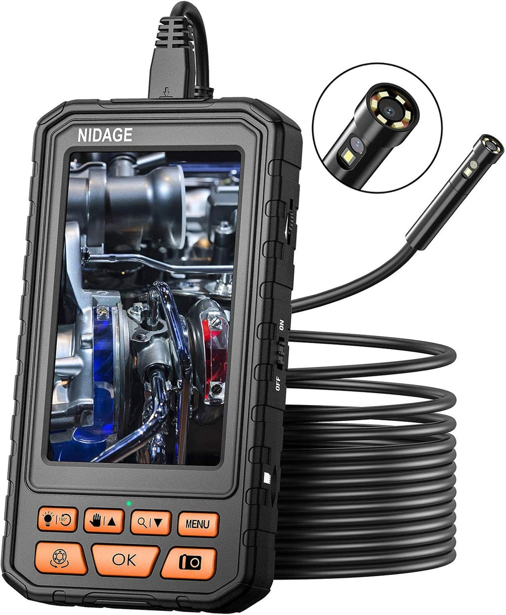 5.0mm Dual Lens Inspection Camera Endoscope with 5 1080P HD IPS Screen, 11.5ft Cable, IP67 Waterproof Borescope Q17403