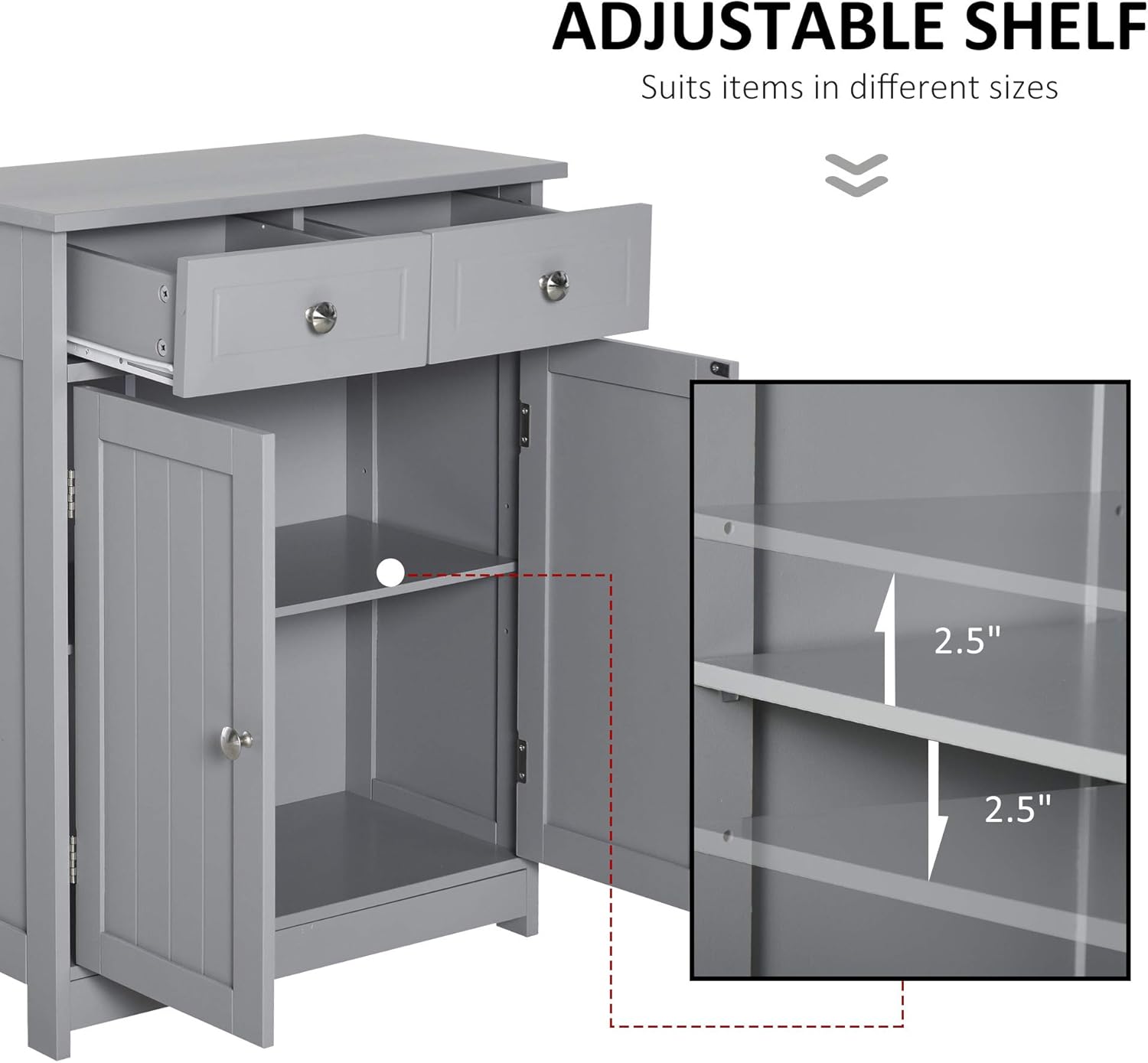 Grey Freestanding Bathroom Storage Cabinet with 2 Door, 2 Drawers, Adjustable Shelf Z31398