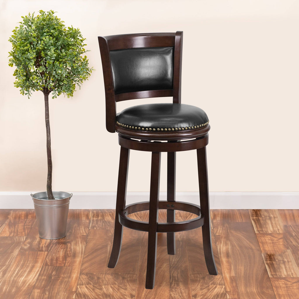 Cappuccino Wood Barstool with Black Leather Swivel Seat M288436