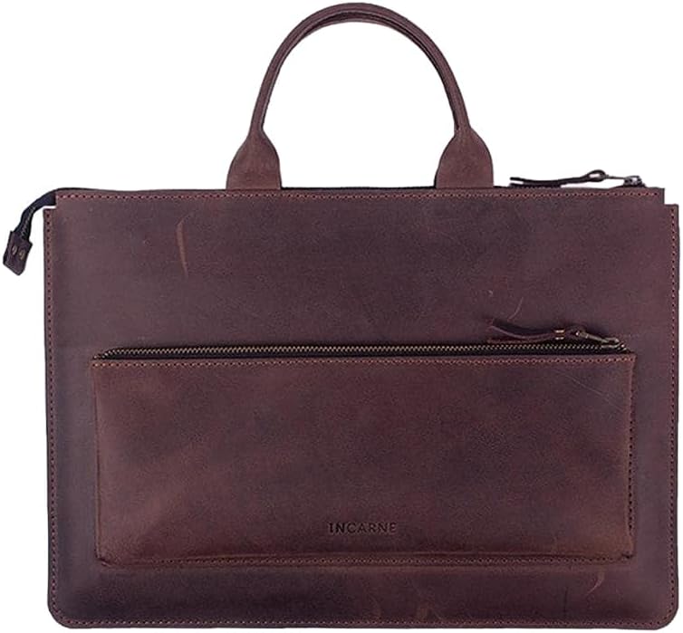 Leather Laptop Bag with Handle and Zipper Pocket W635