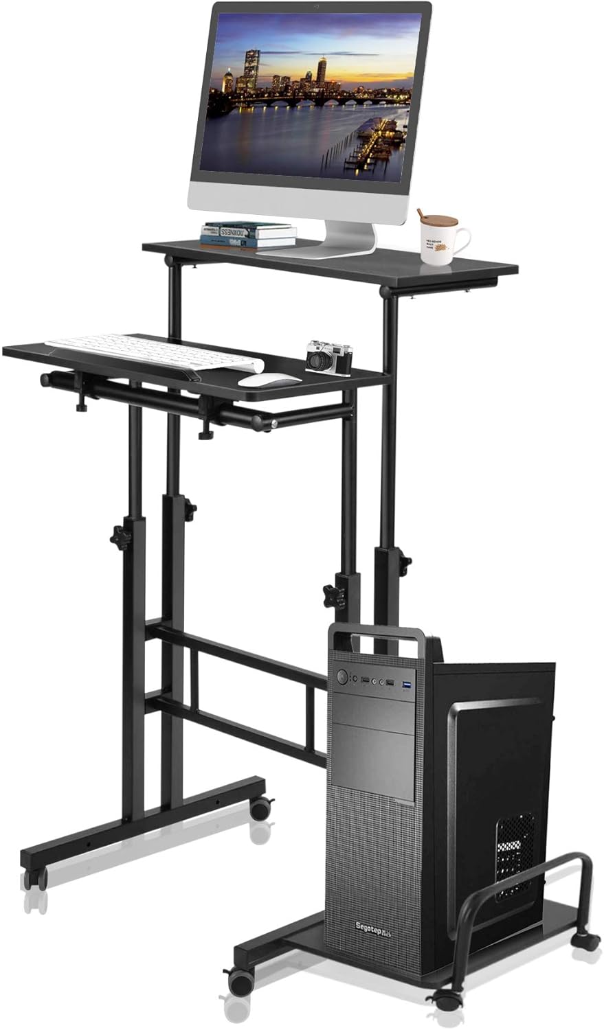 Black Mobile Standing Desk with Lockable Wheels and Bottom Storage Shelf G533136