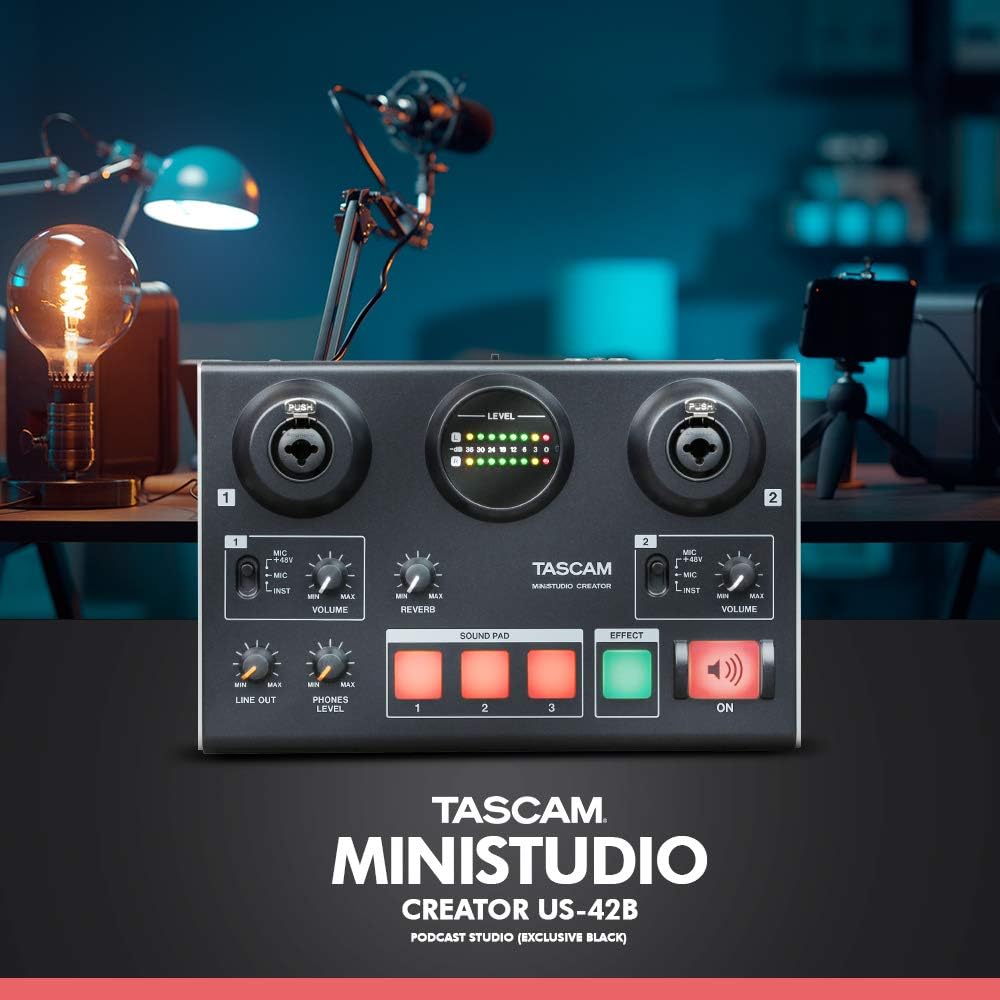 Audio Interface with 2 Samson Microphones + Headphones + Pop Filters + Goose Neck Stands + Cleaning Cloth I408994