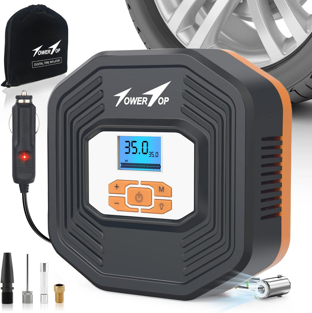 Portable 12V DC Air Pump Tire Inflator with Digital Pressure Gauge, LED Emergency Lights, Pack of 2 V591
