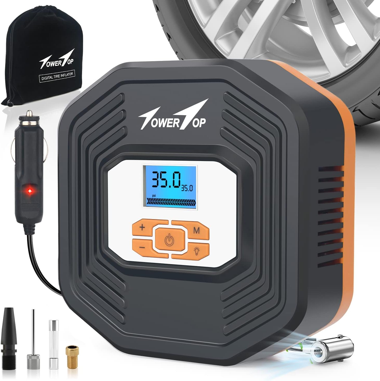 Portable 12V DC Air Pump Tire Inflator with Digital Pressure Gauge, LED Emergency Lights, Pack of 2 V591