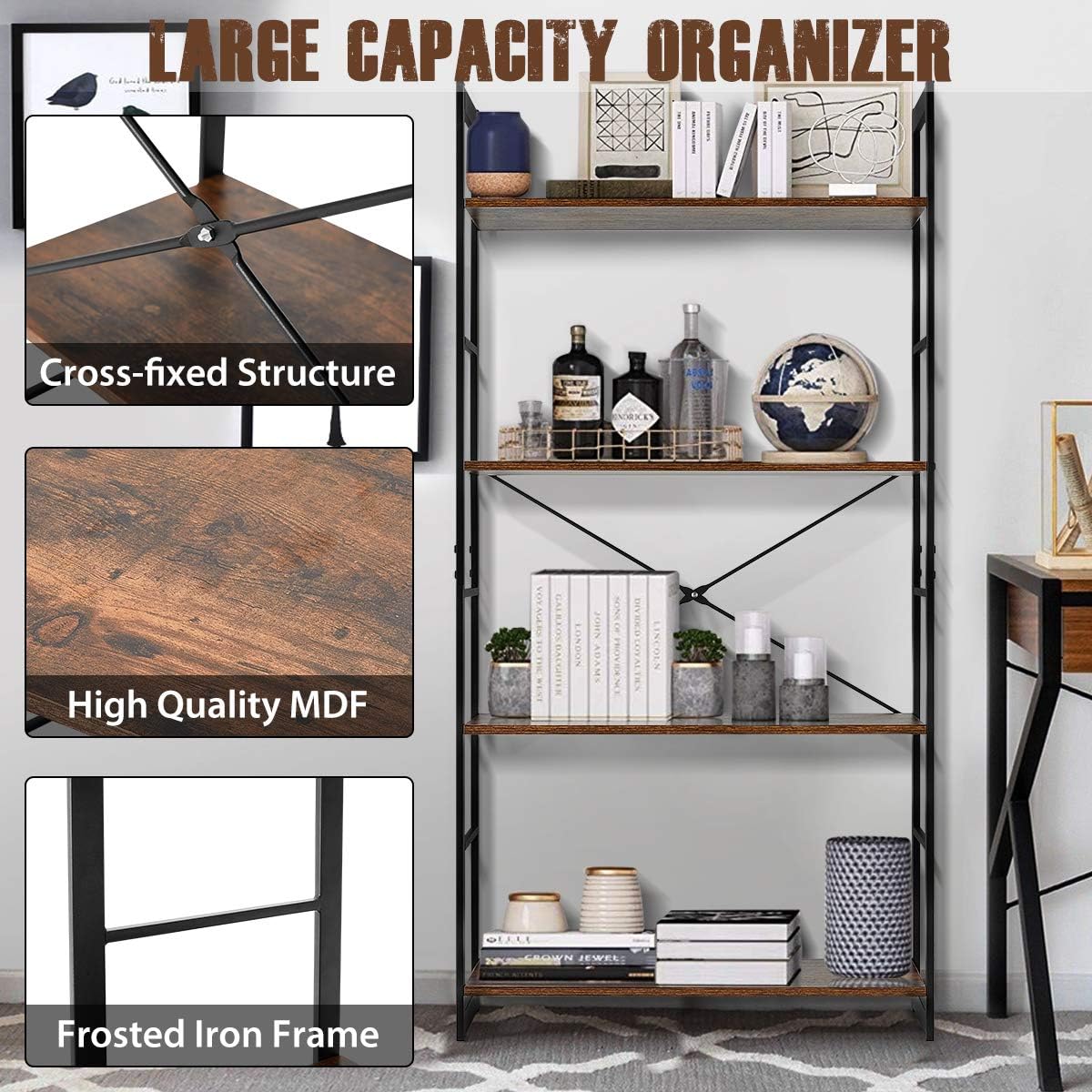 4 Tier Rustic Wood and Metal Frame Bookshelf R733