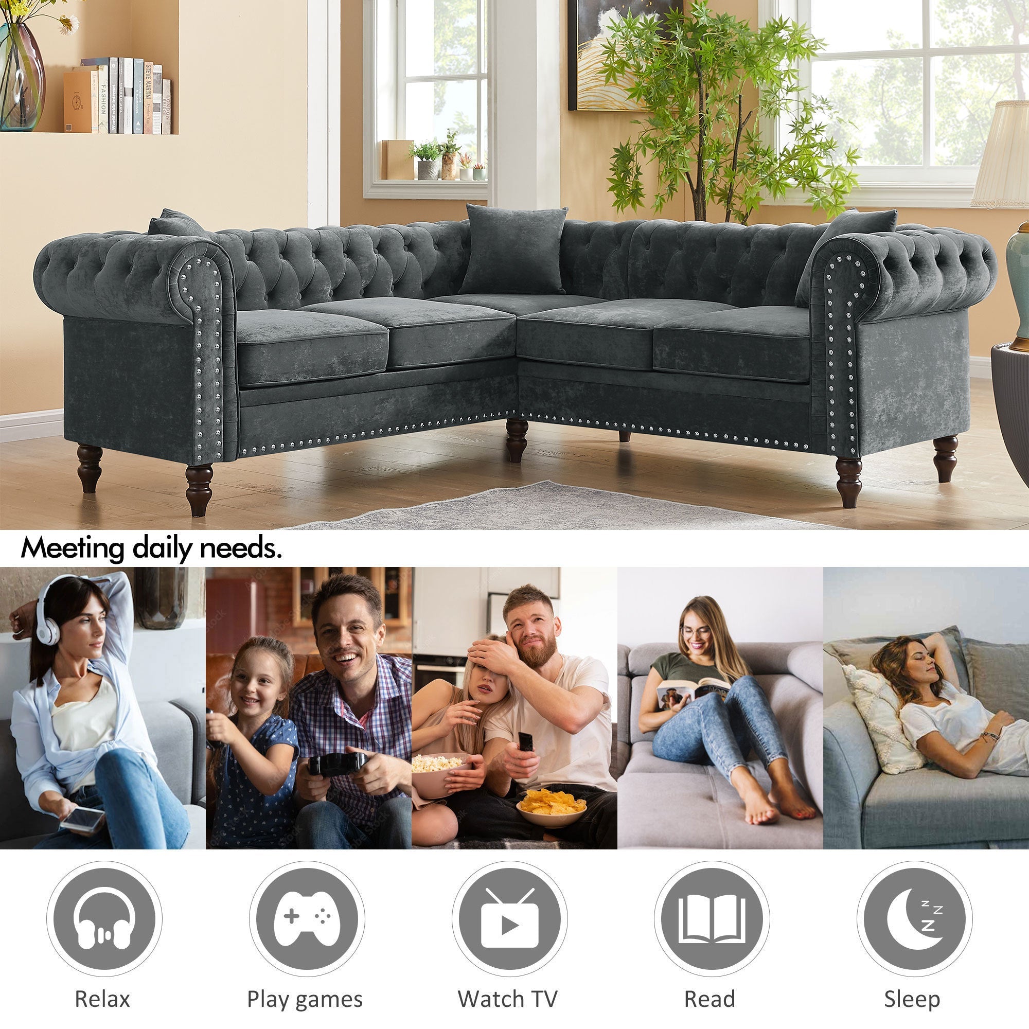 Gray Velvet Button Tufted L-shaped Sofa D53191