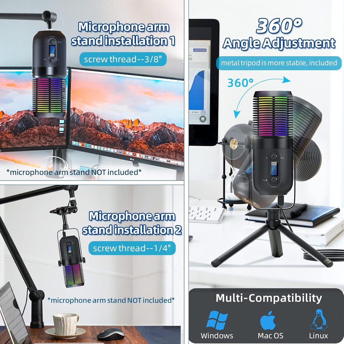 RGB Gaming Condenser Microphone with Tripod Stand, Cardioid, Pack of 2 X980