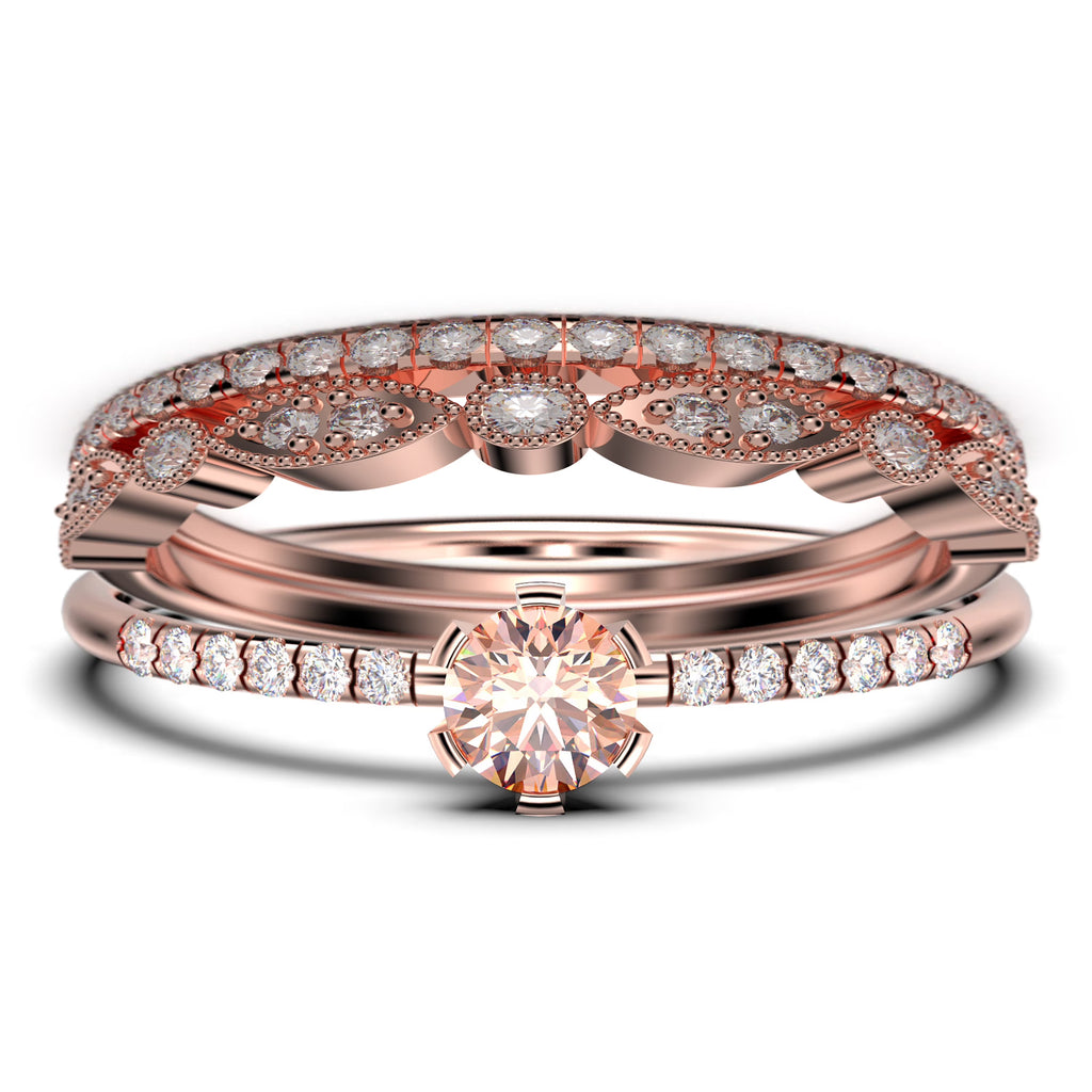 1.55 Carat Round Cut Morganite And Diamond Moissanite Engagement Ring Trio Set in 925 Sterling Silver With 18k Rose Gold Plating L380064