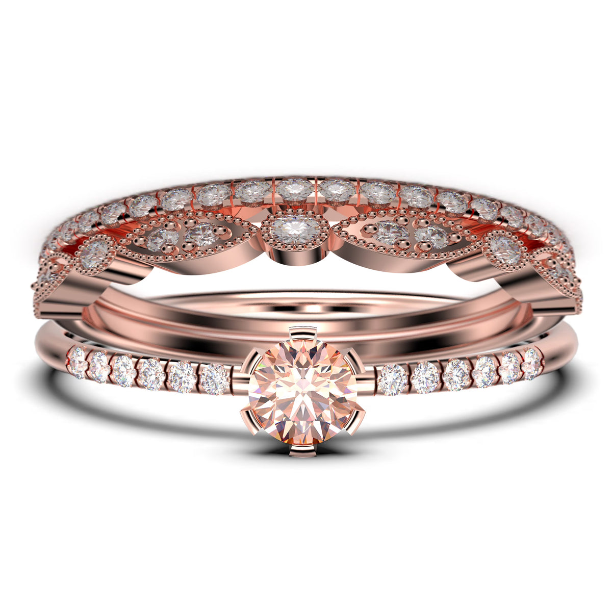 1.55 Carat Round Cut Morganite And Diamond Moissanite Engagement Ring Trio Set in 925 Sterling Silver With 18k Rose Gold Plating L380064