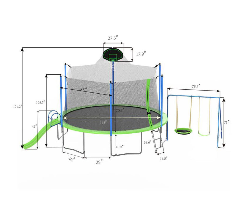 Blue 14FT Trampoline with Basketball Hoop Safety Enclosure Net Z57377
