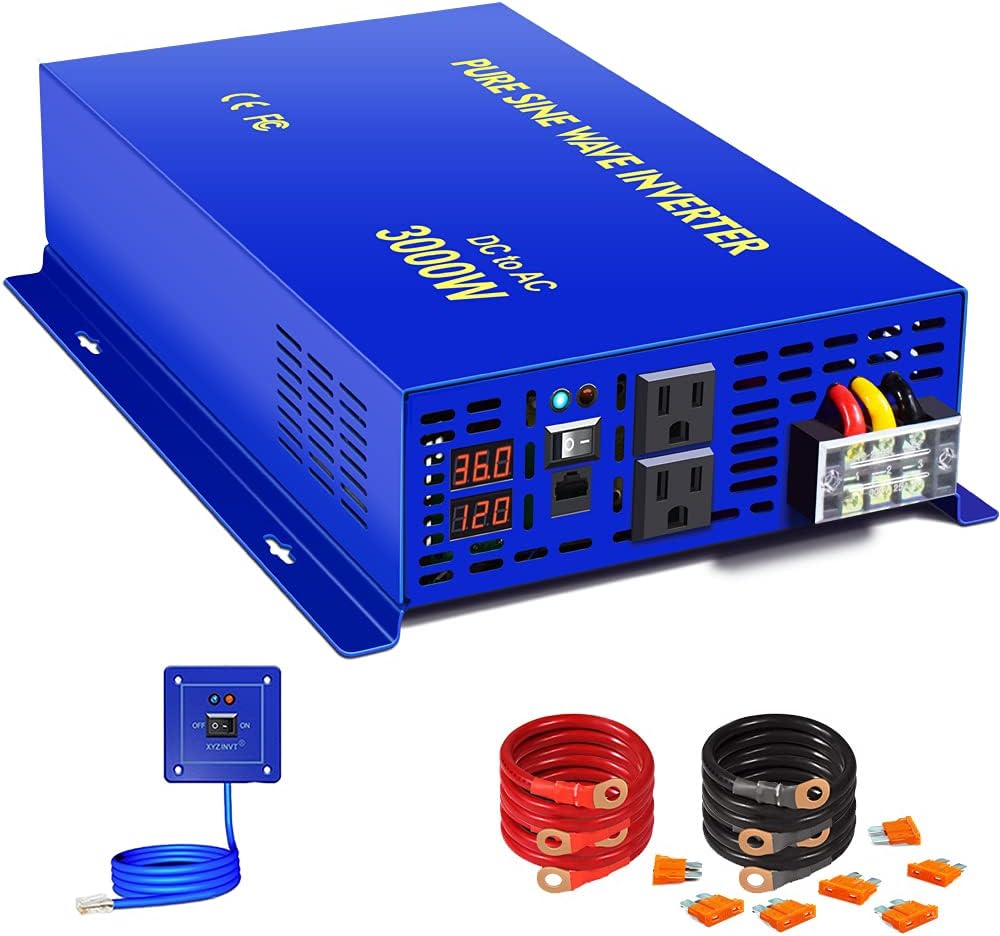 3000W Pure Sine Wave Power Inverter 36V DC to AC 120V 110V with 15ft Cable Remote Switch Controller N177906