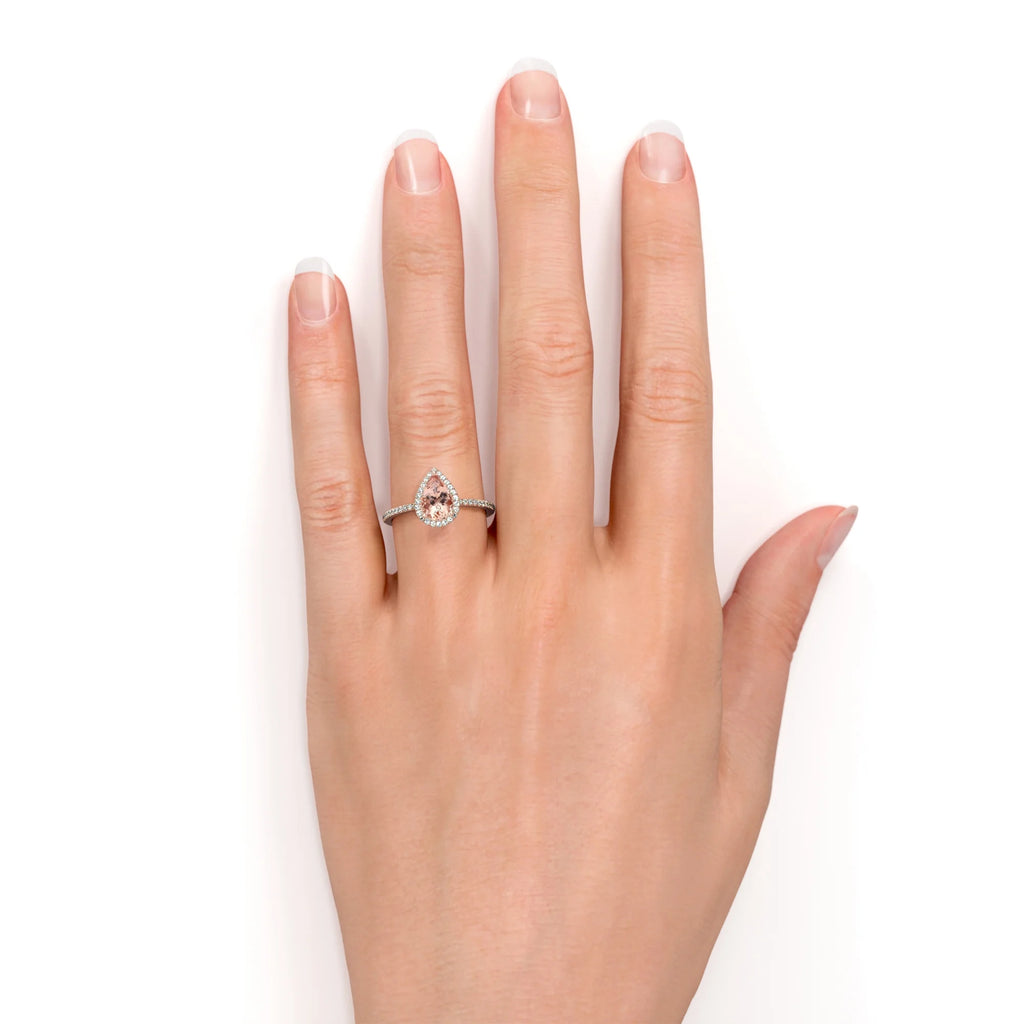 Pear Cut Peach Pink Morganite Halo Engagement Ring in 18k Rose Gold over Silver U23140