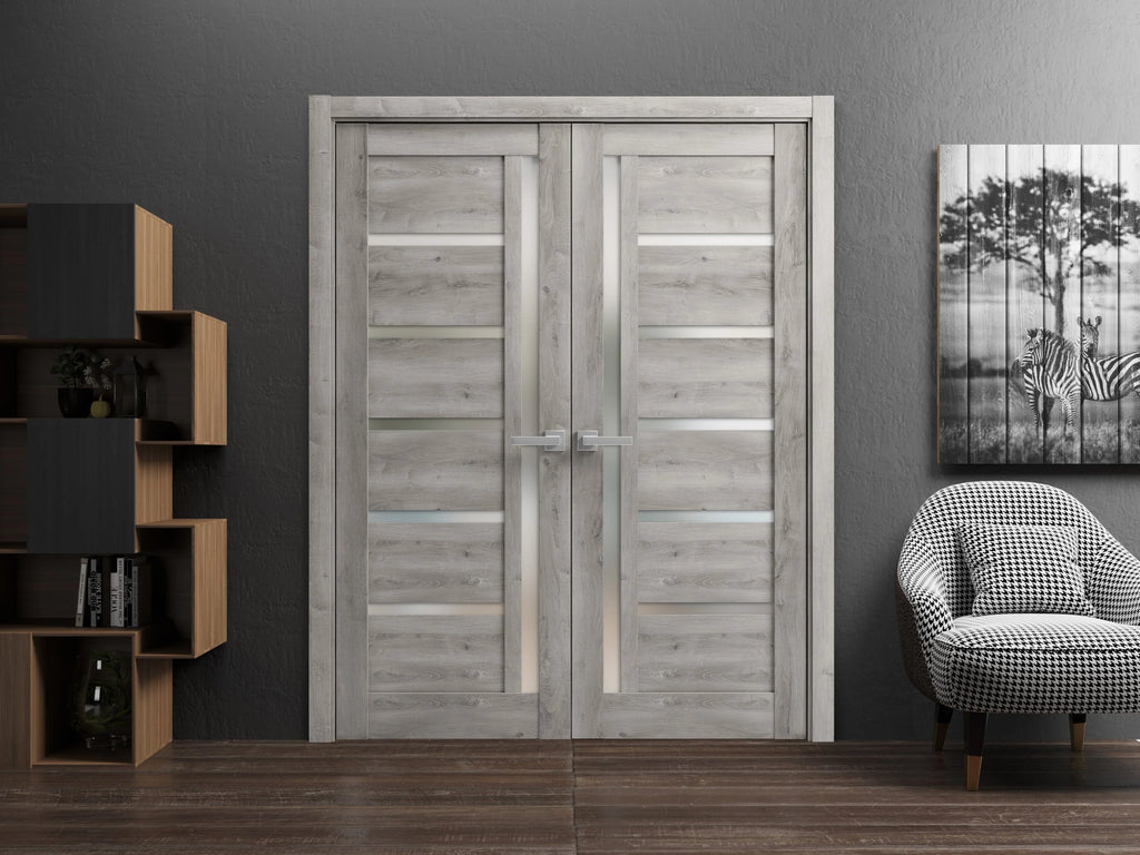 Solid French Double Doors 48 x 96 inches Frosted Glass Wood L391