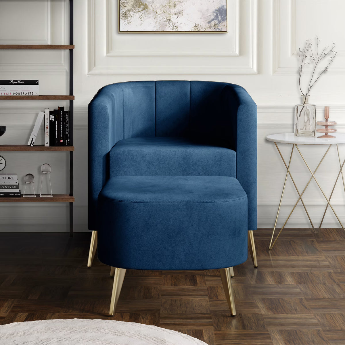 Navy Blue Velvet Accent Chair with Stool A7153