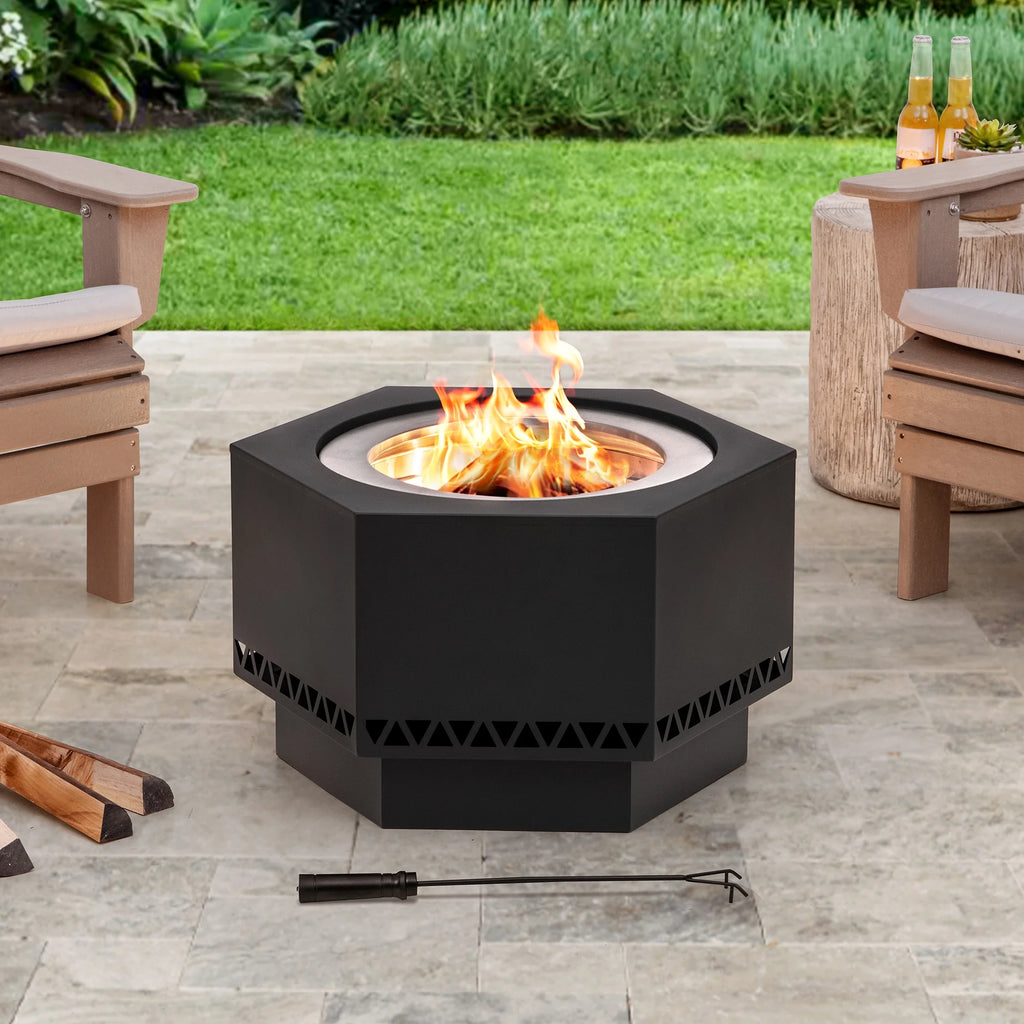 Black Hexagonal Smokeless Fire Pit with PVC Cover and Fire Poker D88520