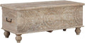 Beige Carved Wood Storage Bench with Hinge Top V878