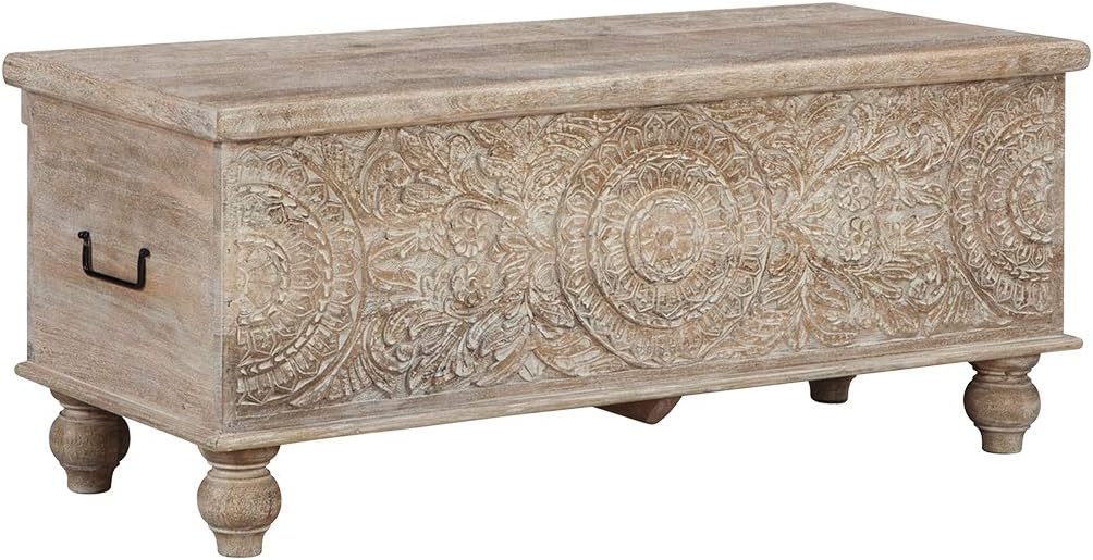 Beige Carved Wood Storage Bench with Hinge Top V878