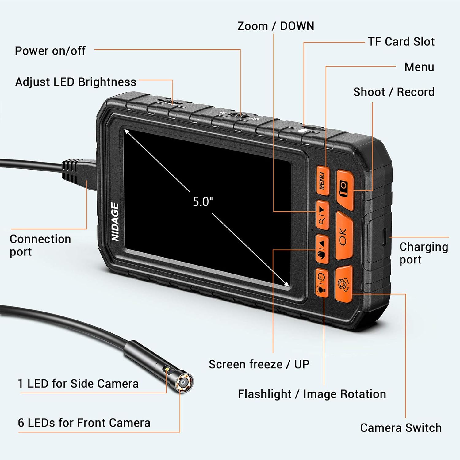 5.0mm Dual Lens Inspection Camera Endoscope with 5 1080P HD IPS Screen, 11.5ft Cable, IP67 Waterproof Borescope Q17403