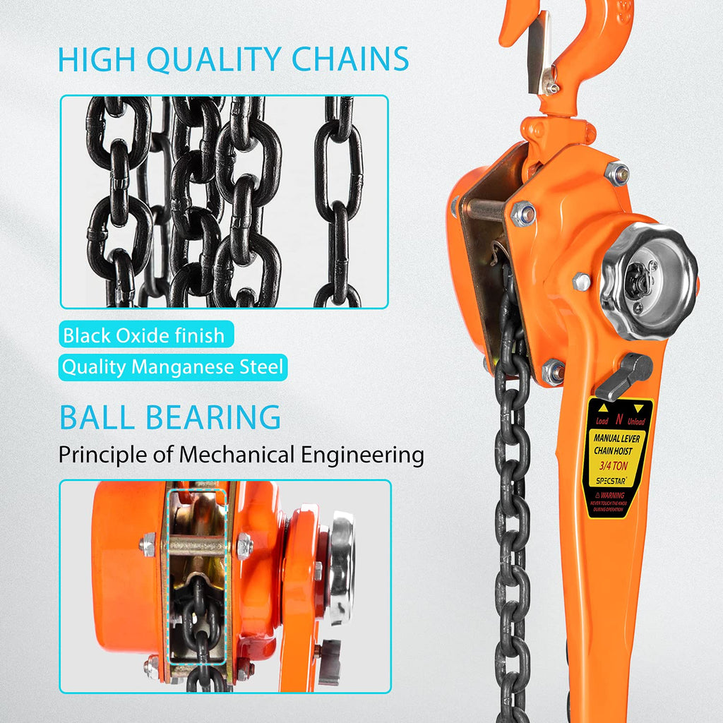Lever Chain Hoist 3/4 Ton Capacity 5 Feet with 2 Hooks Pack of 2 U39672
