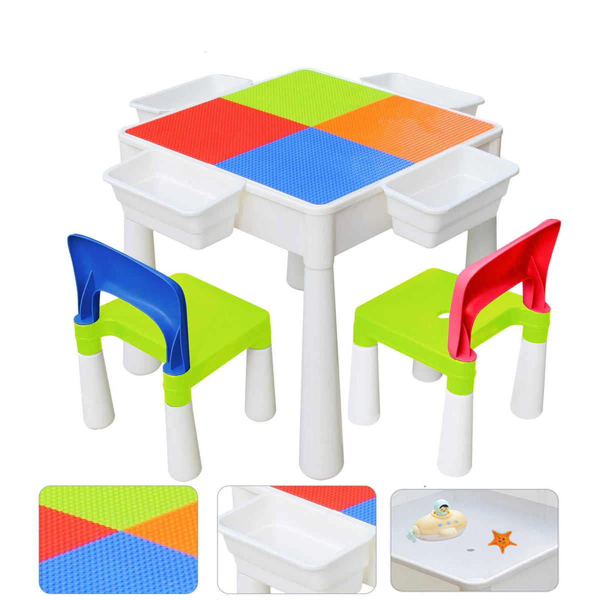 Kids Activity Table and 2 Chairs Set 3-in-1 Building Block Table Water Table S777