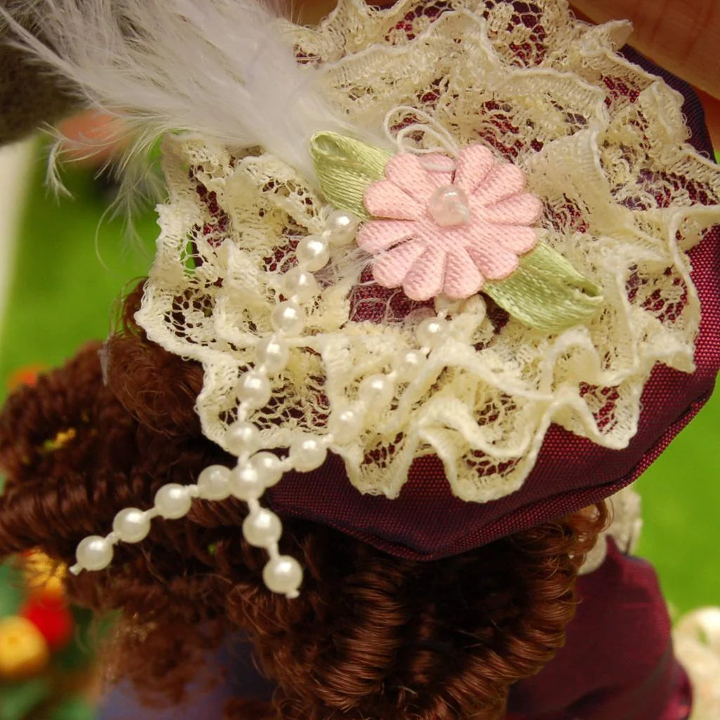Porcelain Women Dolls with Brown Curly Hair in Elegant Dress and Hat G1129
