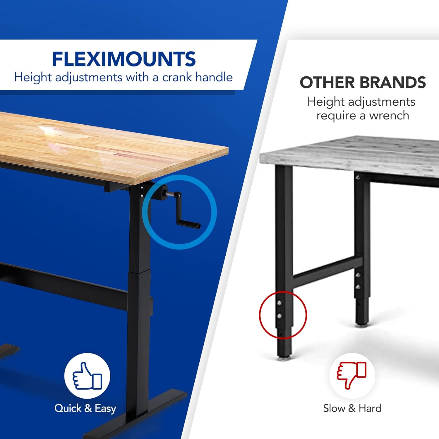 Height-Adjustable Work Table with Crank Handle, 500-lb Capacity Rubberwood Top T98598