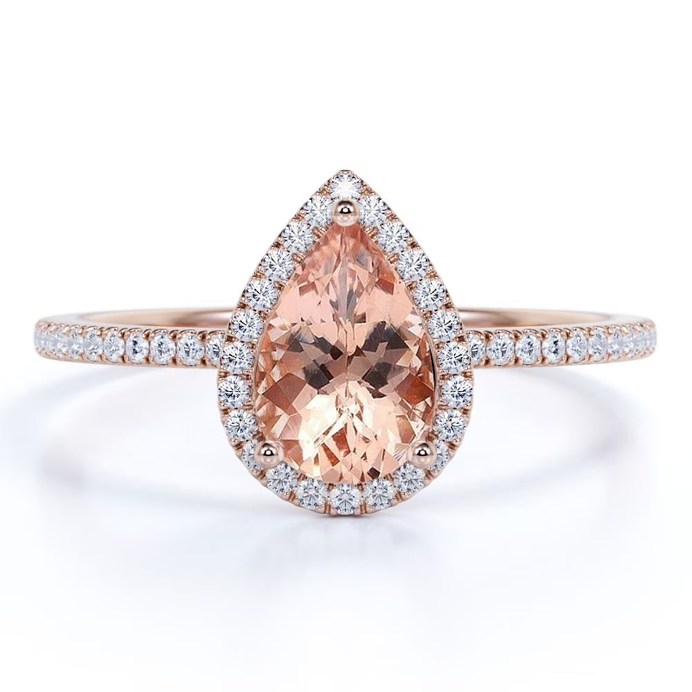 Pear Cut Peach Pink Morganite Halo Engagement Ring in 18k Rose Gold over Silver U23140