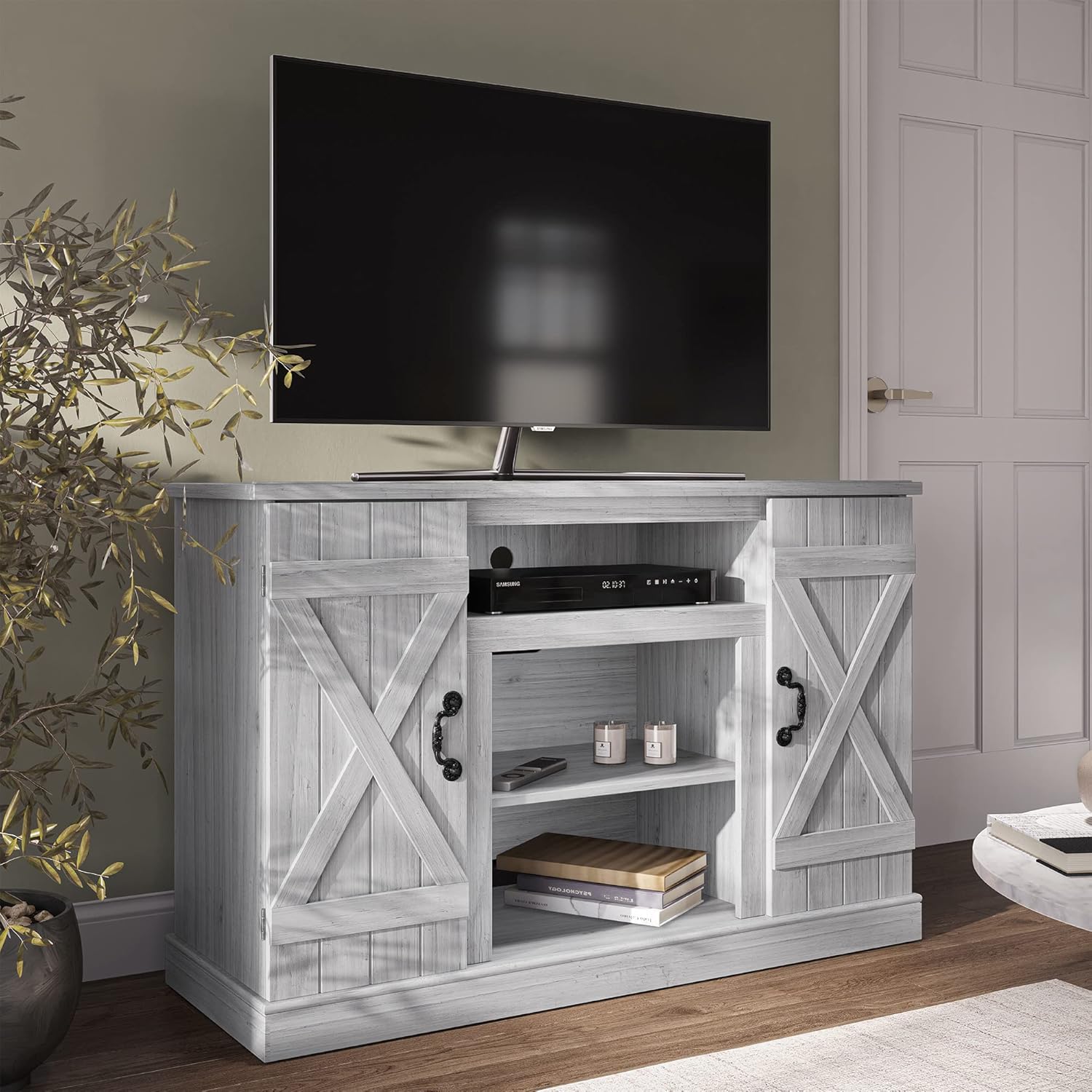 Industrial Electric Fireplace TV Stand with Open Storage Shelves and Cabinets B625
