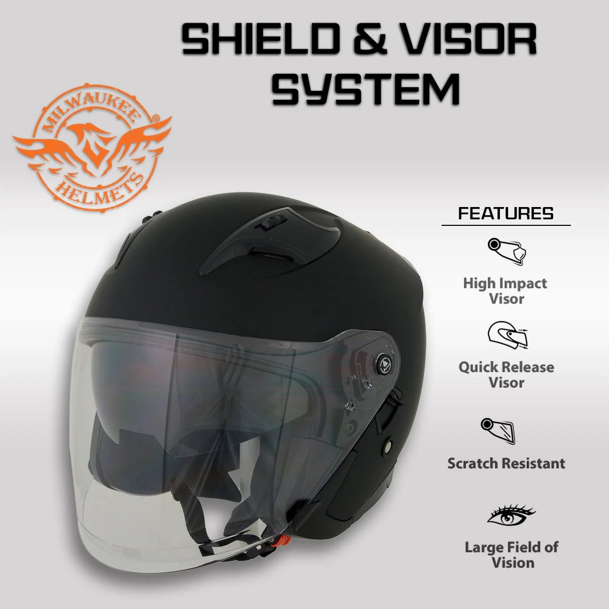 Matte Black Open Face 3/4 Helmet with Drop Down Tinted Visor Y1686