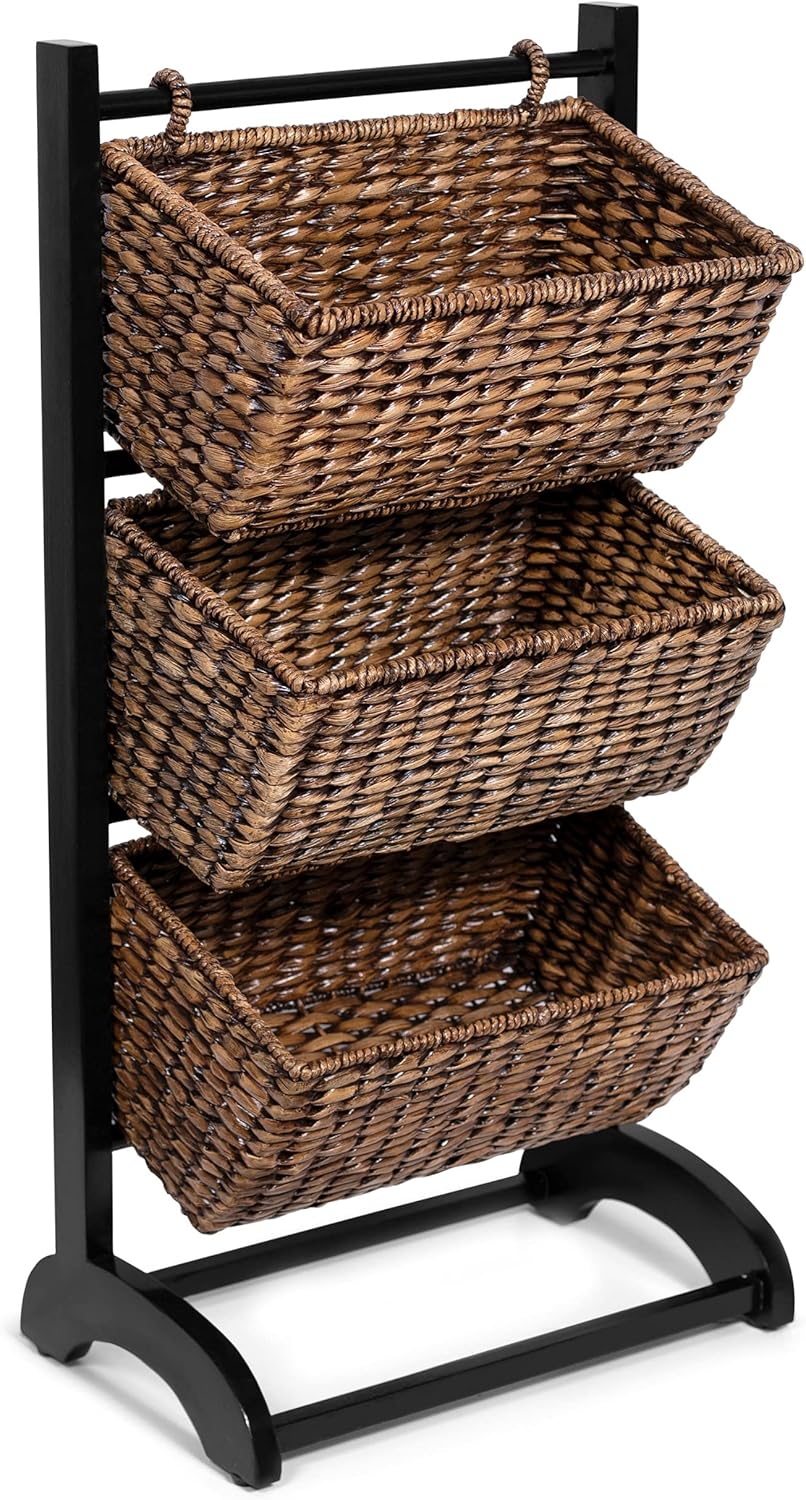 3-Tier Abaca Storage Organizer Shelf with Solid Wood Frame and 3 Baskets B4370