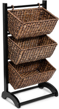 3-Tier Abaca Storage Organizer Shelf with Solid Wood Frame and 3 Baskets B4370