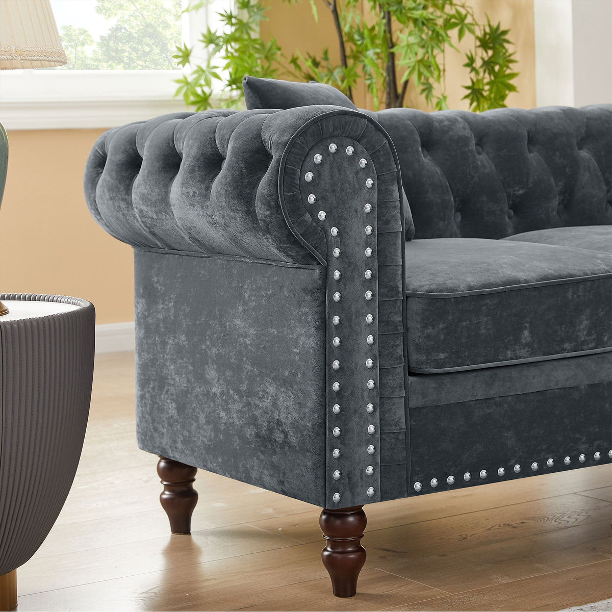 Gray Velvet Button Tufted L-shaped Sofa D53191