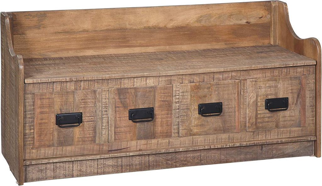 Beige Carved Wood Storage Bench with Hinge Top V878