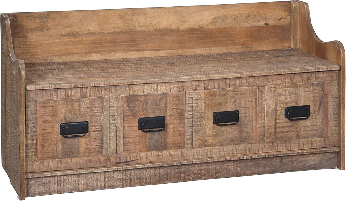 Beige Carved Wood Storage Bench with Hinge Top V878