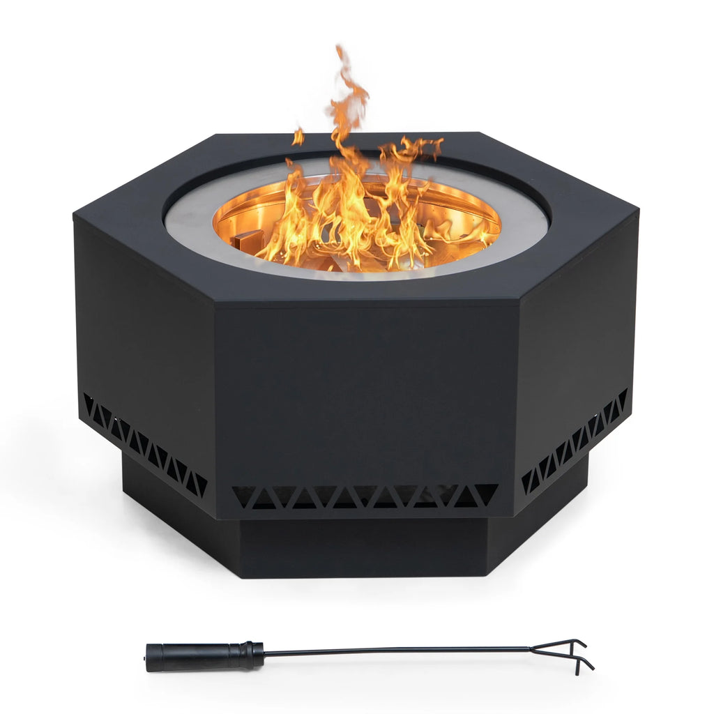 Black Hexagonal Smokeless Fire Pit with PVC Cover and Fire Poker D88520