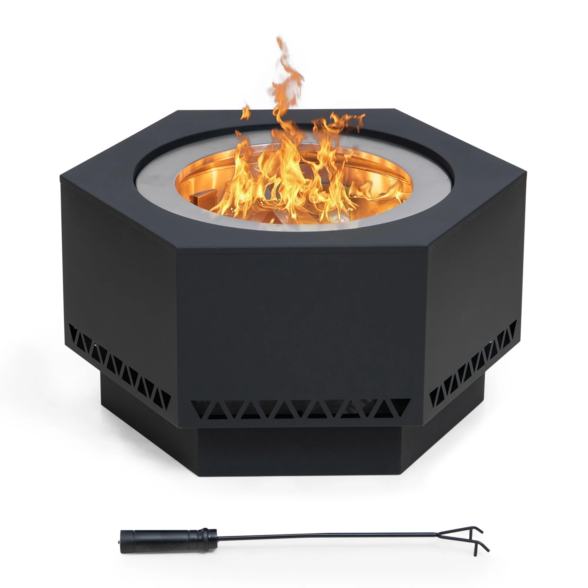 Black Hexagonal Smokeless Fire Pit with PVC Cover and Fire Poker D88520
