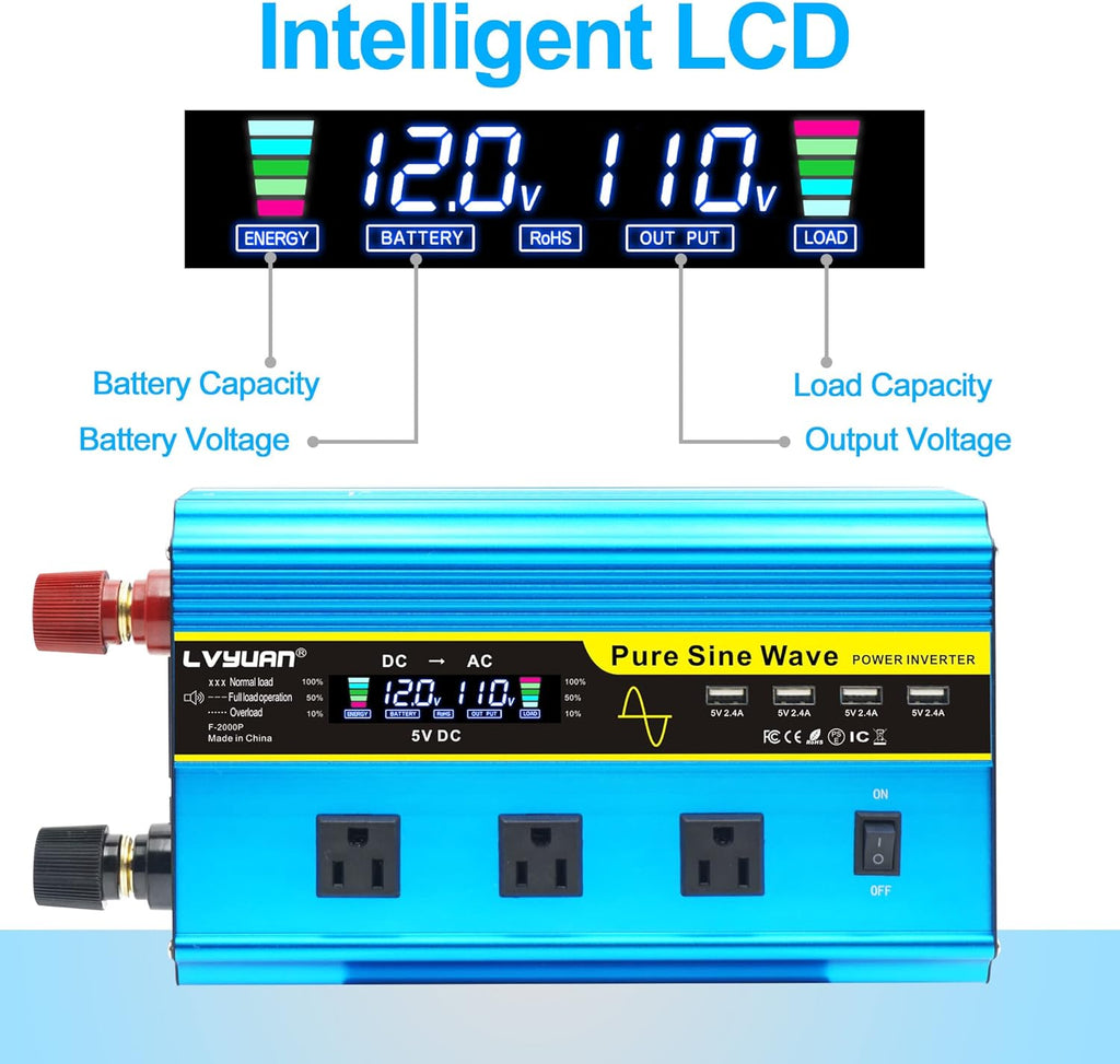 Pure Sine Wave Inverter 1600 Watts 12V to 110V DC to AC with Remote Controller LCD Display 4 AC Sockets 4 USB Ports R192118