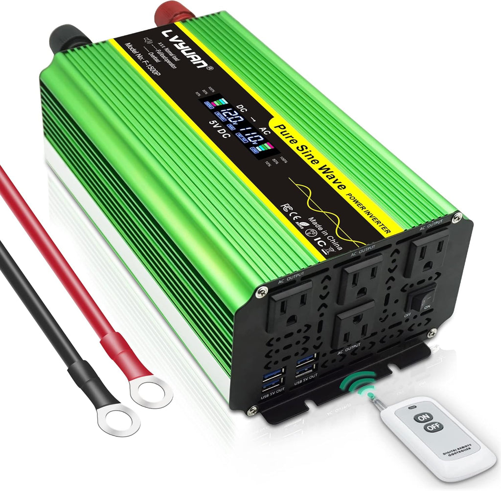 Pure Sine Wave Inverter 1600 Watts 12V to 110V DC to AC with Remote Controller LCD Display 4 AC Sockets 4 USB Ports R192118