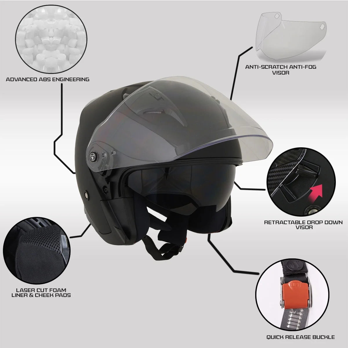 Matte Black Open Face 3/4 Helmet with Drop Down Tinted Visor Y1686