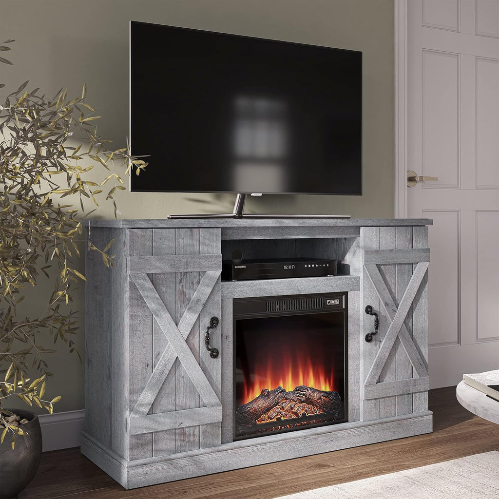 Industrial Electric Fireplace TV Stand with Open Storage Shelves and Cabinets B625