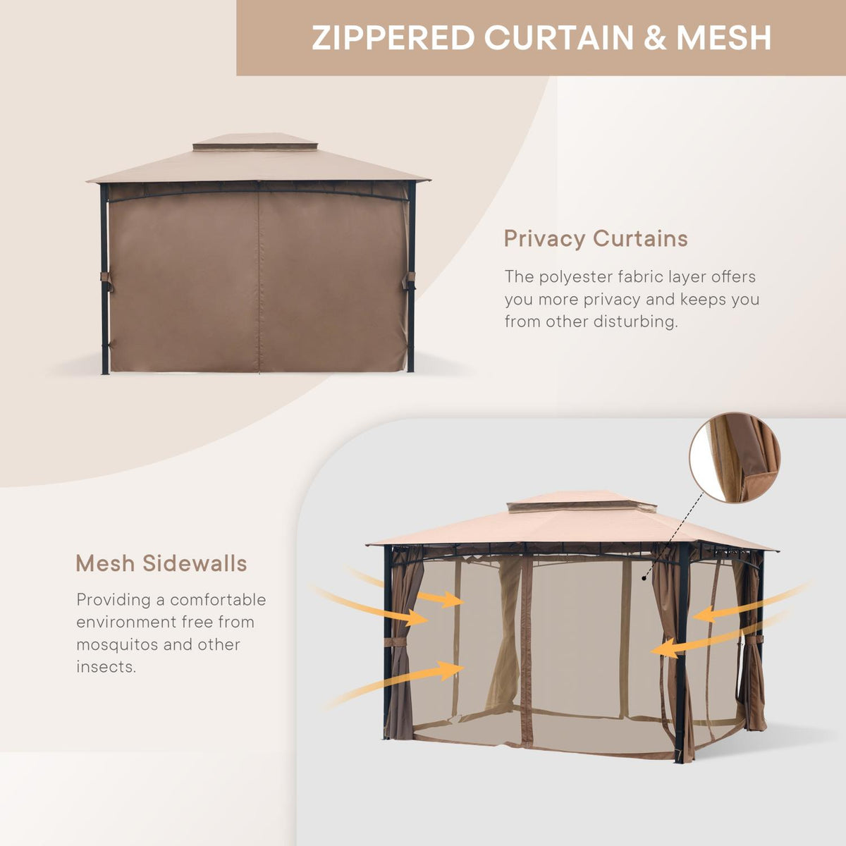 Sand Double Roof Patio Gazebo with Mosquito Netting U937