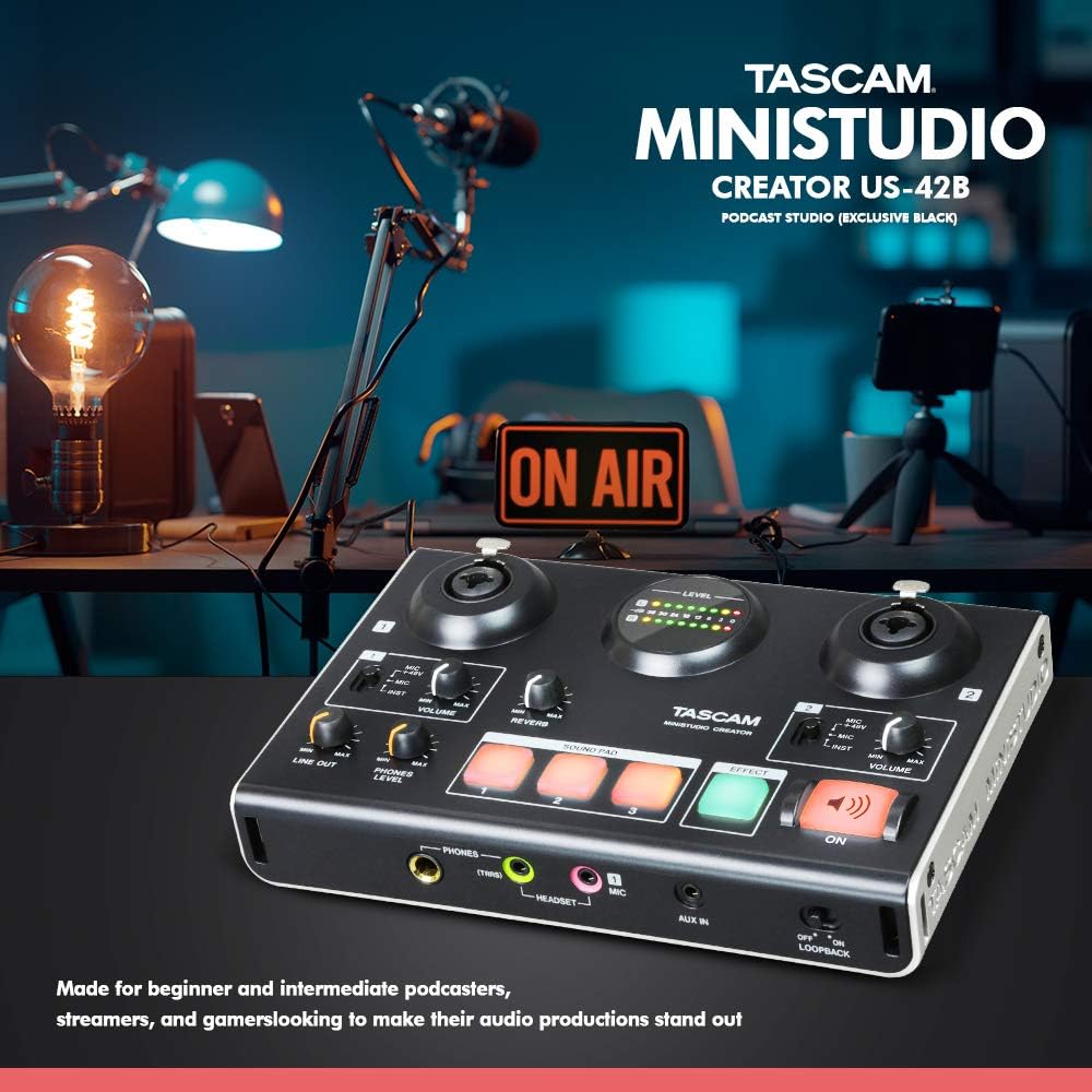 Audio Interface with 2 Samson Microphones + Headphones + Pop Filters + Goose Neck Stands + Cleaning Cloth I408994