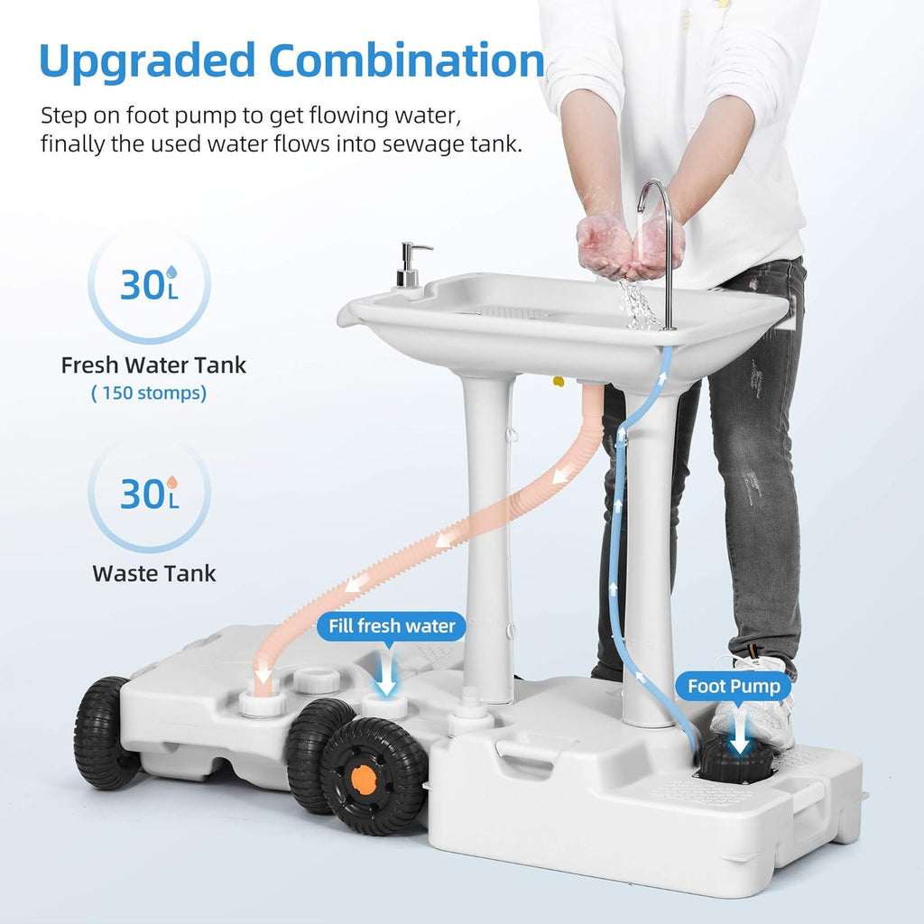 Portable Sink Camping 30 L with Rolling Wheels, Hand Washing Station with 30 L Sewage Tank U75335