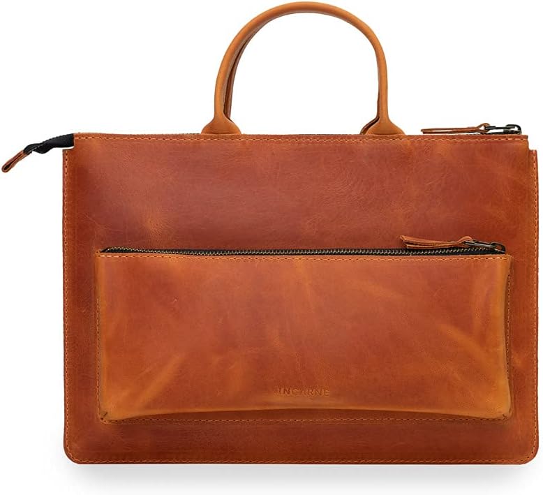 Leather Laptop Bag with Handle and Zipper Pocket W635