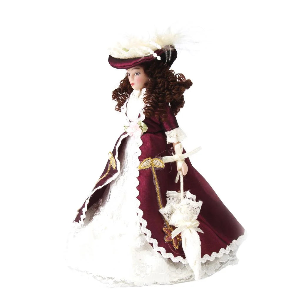 Porcelain Women Dolls with Brown Curly Hair in Elegant Dress and Hat G1129