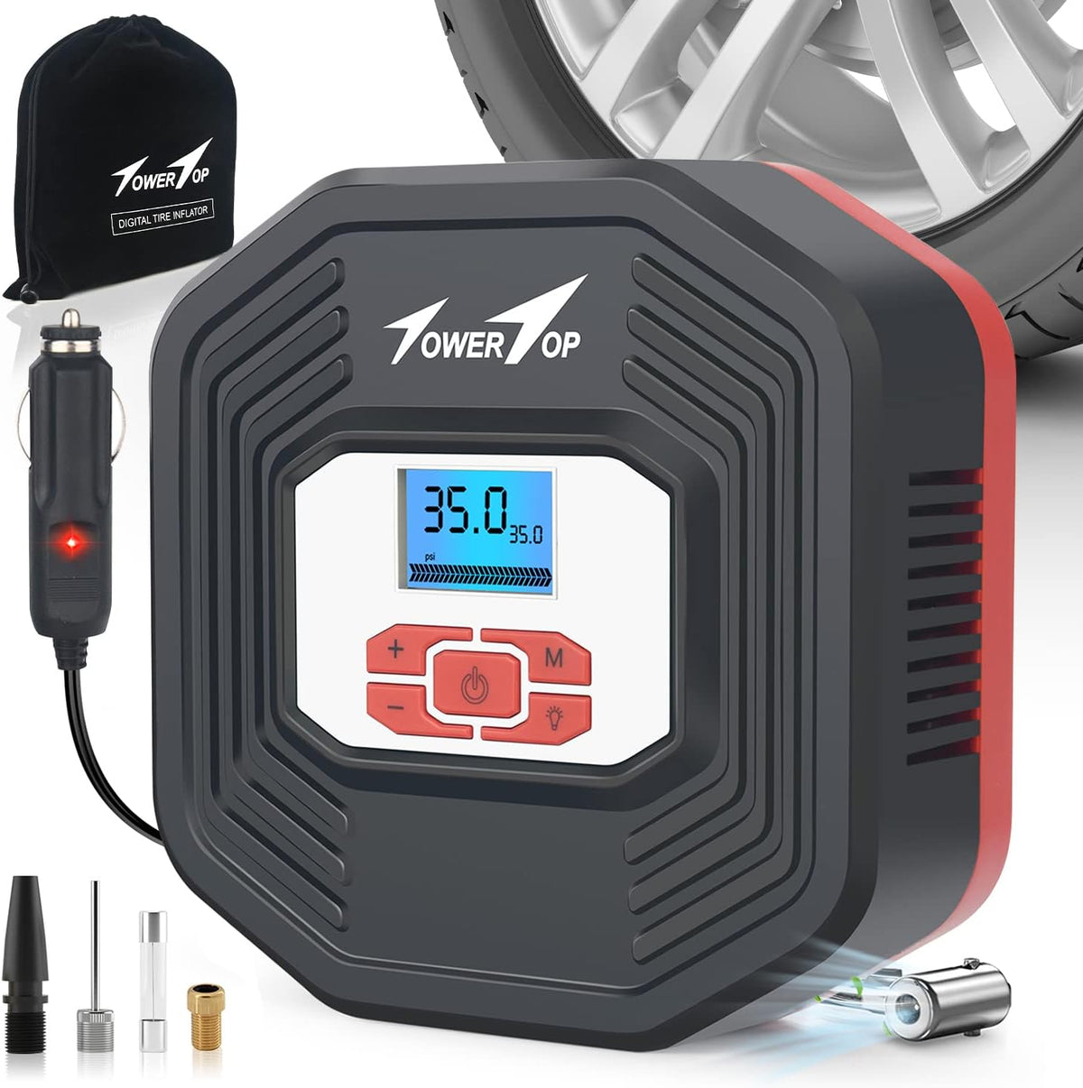 Portable 12V DC Air Pump Tire Inflator with Digital Pressure Gauge, LED Emergency Lights, Pack of 2 V591