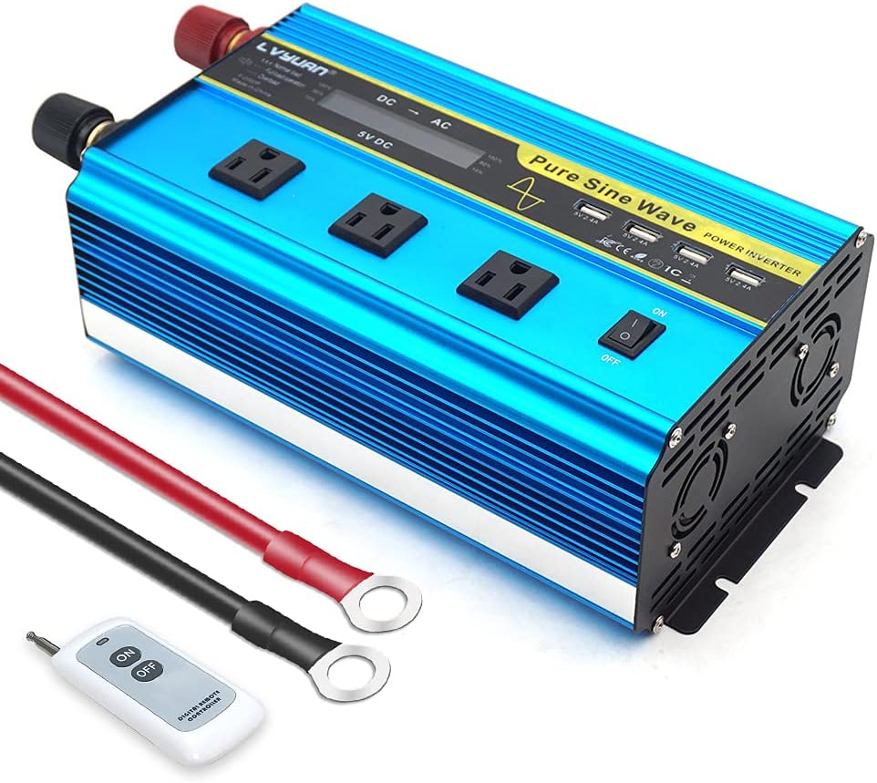 Pure Sine Wave Inverter 1600 Watts 12V to 110V DC to AC with Remote Controller LCD Display 4 AC Sockets 4 USB Ports R192118