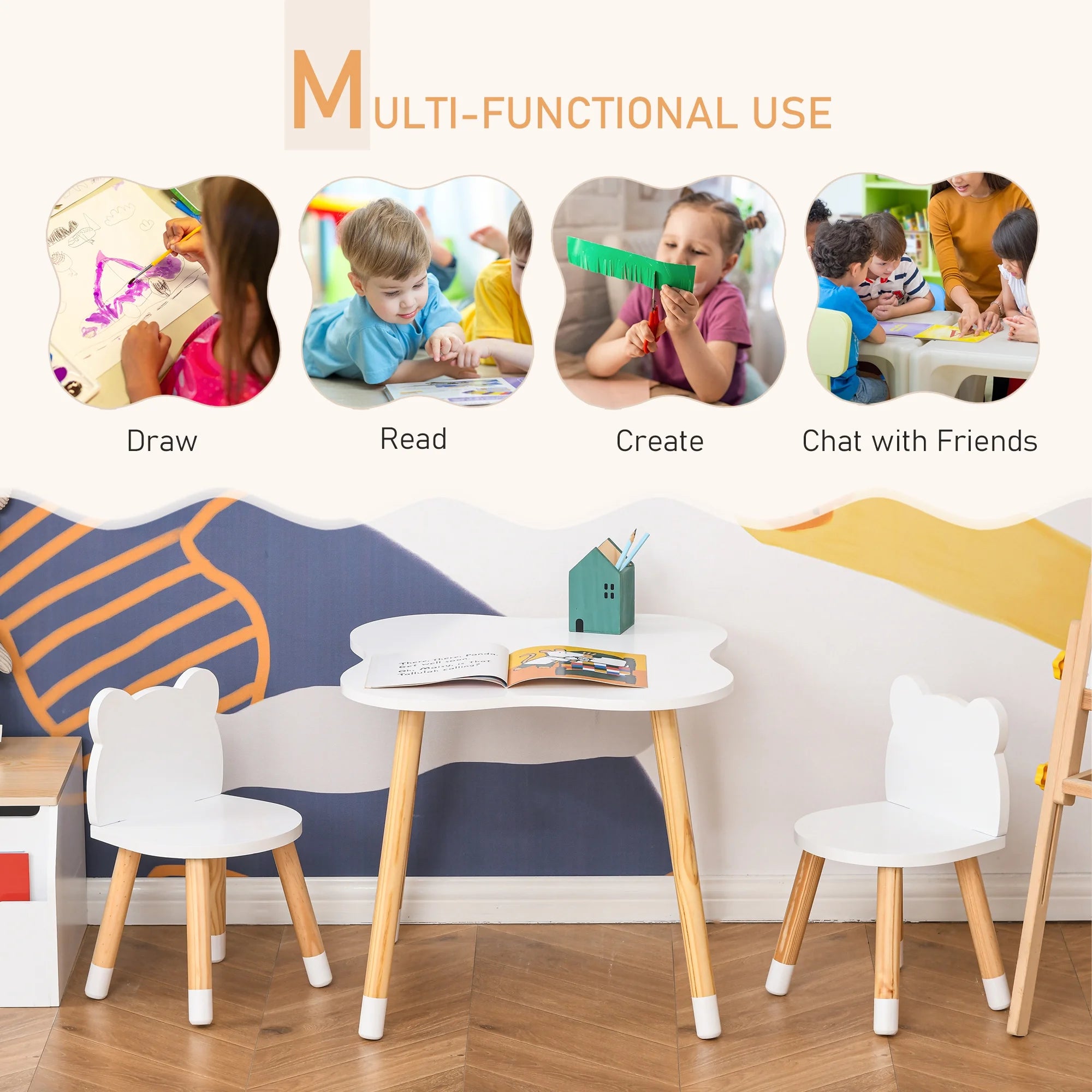 White Wooden Kids Table and 2 Chairs Set E994967